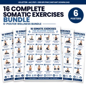 Könnte beinhalten: Ein digitales Paket mit 16 somatischen Übungen auf 6 Postern. Jedes Poster zeigt nummerierte Illustrationen einer Person, die Bewegungen zum Stressabbau, zur Verbesserung der Mobilität und zur Entspannung ausführt.