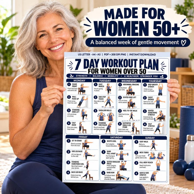 Workout Routine Chart.pdf 7-day Workout Plan for Women Over 50 Printable, Weekly Gentle Exercise ...