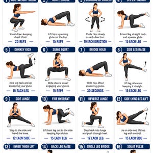 May include: A Glute Exercises Chart featuring 16 numbered illustrations of bodyweight movements. Each panel displays a person in blue athletic wear performing exercises like squats, lunges, and bridges with text instructions and repetition counts.
