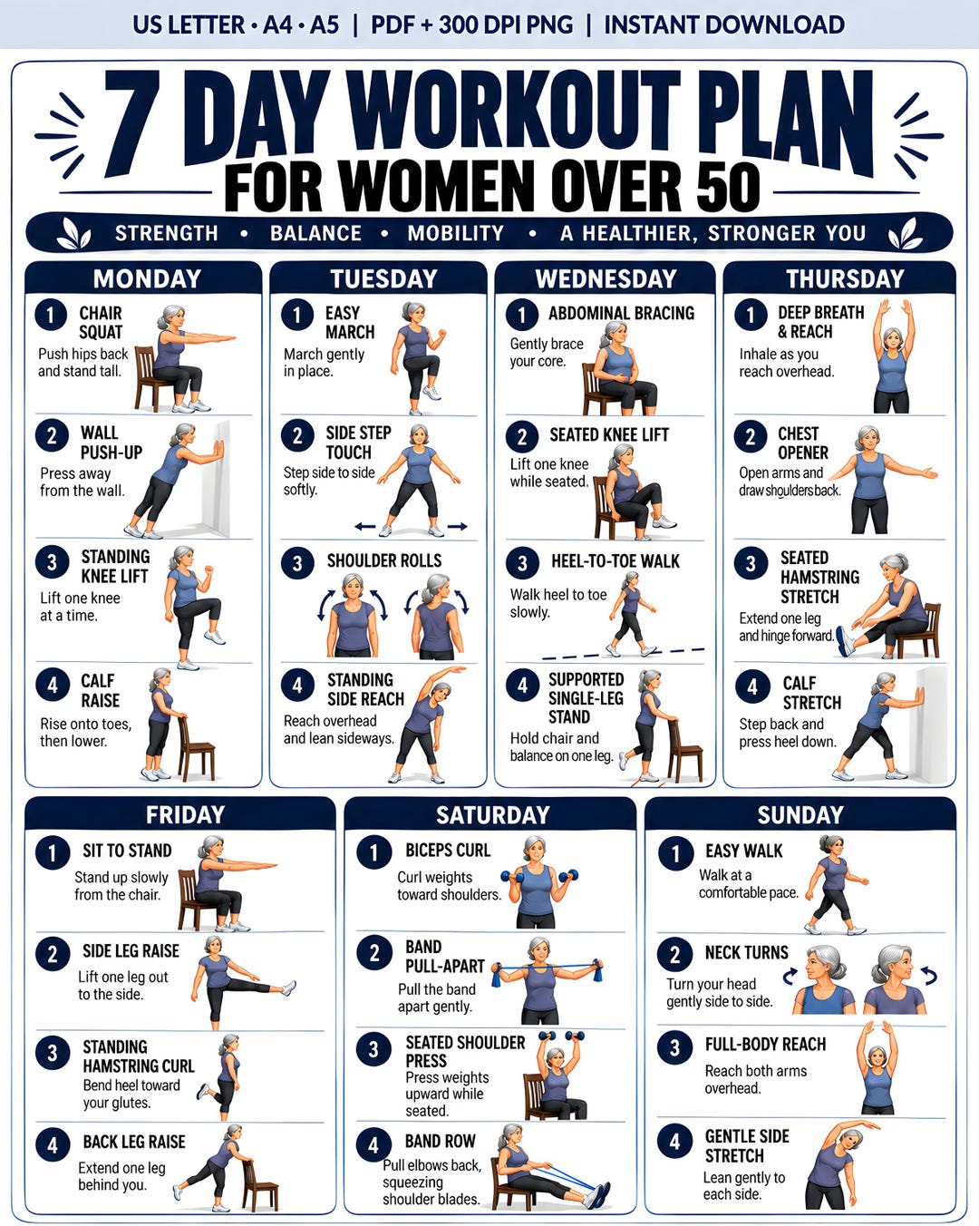 Home Workout Plan.pdf 7-day Workout Plan for Women Over 50 Printable, Weekly Gentle Exercise ...