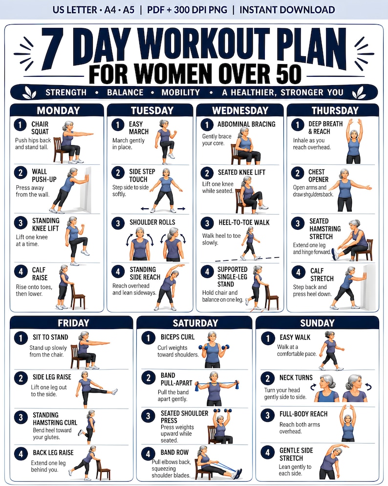 Workout Routine Chart.pdf 7-day Workout Plan for Women Over 50 Printable, Weekly Gentle Exercise ...