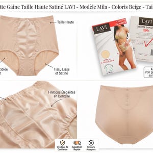 May include: Beige high-waisted shaping briefs, model Mila by Lavi Paris, size XL. Features smooth satin fabric, targeted tummy compression, and delicate lace trim. Includes product packaging with visual guides and text labels detailing features.