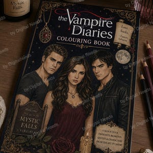 Puede incluir: Un libro para colorear rectangular de tapa blanda titulado The Vampire Diaries con ilustraciones de tres personajes, un letrero de Mystic Falls, una rosa, una vela y una luna. La portada tiene un fondo oscuro con bordes y texto decorativos dorados.