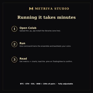 May include: A black informational graphic with gold text titled Metriva Studio. It outlines a three-step process: 1. Open Colab, 2. Run, and 3. Read, with brief instructions for each. The bottom lists BTC, ETH, SOL, BNB, 100s of pairs, and fully adjustable.