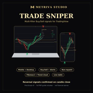 May include: A digital graphic for Metriva Studio Trade Sniper, a multi-filter buy and sell signal tool for TradingView. The image displays a laptop and smartphone showing candlestick charts with trend clouds, Fibonacci levels, and buy/sell indicators.