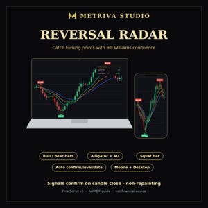 May include: A digital display showing the Metriva Studio Reversal Radar trading indicator on a laptop and smartphone. The screen features candlestick charts with Bull and Bear labels, trend lines, and text including Bull / Bear bars, Alligator + AO, Squat bar, Auto confirm/invalidate, Mobile + Desktop, and Signals confirm on candle close - non-repainting.