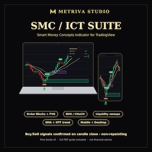 Puede incluir: Una pantalla digital que muestra el indicador Metriva Studio SMC / ICT Suite para TradingView en un portátil y un smartphone. La interfaz presenta gráficos de velas con señales de compra y venta, order blocks, FVG, BOS, CHoCH y barridos de liquidez. Texto: Buy/Sell signals confirmed on candle close - non-repainting, Pine Script v5, full PDF guide included.