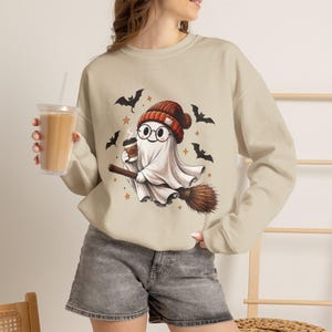 Halloween Ghost Sweatshirt, Witch Ghost Coffee Shirt, Cute Spooky Broom Halloween Pullover, Cozy Fall Sweatshirt