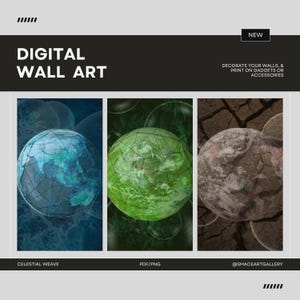 Könnte beinhalten: Digitale Wandkunst mit drei vertikalen Paneelen und sphärischen Designs. Das linke Paneel zeigt einen blauen Globus mit geometrischem Netz, das mittlere einen grünen Globus mit Netz und das rechte einen strukturierten braunen Globus. Text: DIGITAL WALL ART.