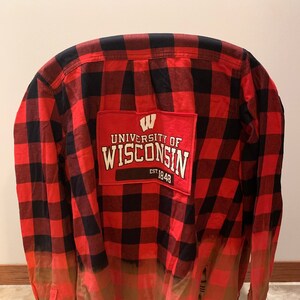 Upcycled and Hand Bleached Flannel Shirt - One of a Kind - Eco-Friendly - UW-Wisconsin Badgers