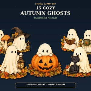 Könnte beinhalten: Ein digitales Clipart-Set mit dem Titel 15 COZY AUTUMN GHOSTS, bestehend aus 15 transparenten PNG-Dateien. Die Illustrationen zeigen weiße Geister mit schwarzen Augen in verschiedenen Szenen mit Kürbissen, Herbstblättern, Pilzen, einer Katze und Büchern.