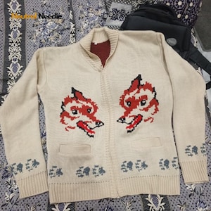Wool Blend Knitted Zip-Up Cardigan Fox Pattern Double Layer Unisex Sweater