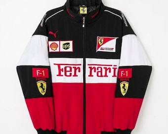 Vintage Ferrari F1 Embraided Motorsport bomber jacket - Red Black White Cotton Blend Fan Apparel
