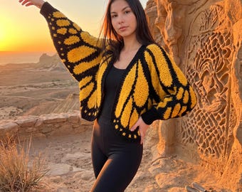 Monarch Butterfly Wing Cardigan, Crochet Knit Sweater, Oversized Boho Wrap, Acrylic Blend