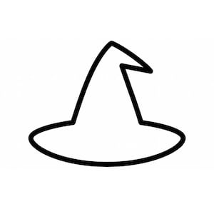 May include: A simple black line drawing of a pointed hat with a wide brim. The illustration features a clean, minimalist outline of a hat with a slightly bent top, rendered in a bold black stroke against a plain white background.