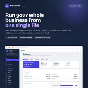 May include: A digital interface for NexalyPlanner sales management system featuring a dark blue background with white text. The dashboard displays financial metrics, net profit, revenue, gross profit, and order counts in a clean layout.