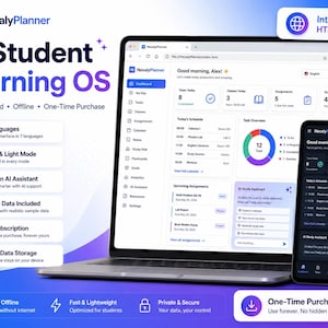 Op de afbeelding: Een NexalyPlanner AI Student Learning OS weergegeven op een laptop- en smartphonescherm. De interface toont een dashboard met taken, schema's en een AI-assistent. Kenmerken zijn browsergebaseerd, offline en een eenmalige aankoop.