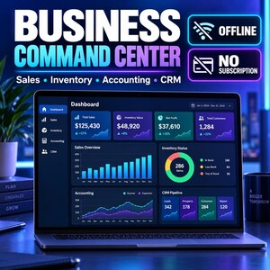 May include: A laptop displaying a Business Command Center dashboard with metrics for Sales, Inventory, Accounting, and CRM. The screen shows charts, graphs, and data points. Text includes "OFFLINE" and "NO SUBSCRIPTION" in neon-style boxes.