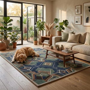 May include: A rectangular area rug featuring a geometric pattern in shades of navy blue, sage green, and tan. The rug is placed on a wooden floor with a golden retriever lying on it, positioned in front of a sofa and a wooden coffee table.