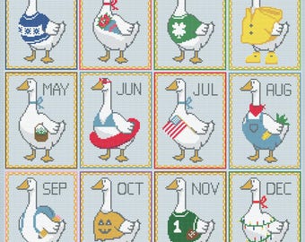 Goose Cross Stitch Bundle | 12 Seasonal Monthly Patterns (PDF Download)