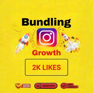 May include: A yellow graphic featuring the text Bundling Growth and 2K LIKES. The design includes an Instagram logo, two rockets, and small icons with numbers like 5k and 10k. Bottom badges display TRUSTED SELLER, ORDER NOW, and 100% GUARANTEE.