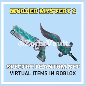Puede incluir: Un conjunto virtual de pistola y cuchillo de Murder Mystery 2, etiquetado como Spectre Phantom Set. Los artículos presentan un acabado gris metálico con patrones de remolinos en color turquesa brillante. El texto dice Murder Mystery 2, @ZorixVault, Spectre Phantom Set y Virtual Items in Roblox.