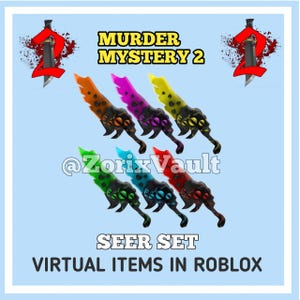 以下が含まれることがあります： RobloxのMurder Mystery 2に登場する6本のバーチャルナイフセット「Seer Set」。オレンジ、ピンク、イエロー、グリーン、ブルー、レッドの6色で構成され、各ナイフは黒いハンドルと刃の中央に目のモチーフがデザインされています。