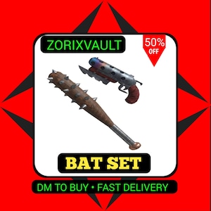Può includere: Un set di mazze che include una mazza da baseball in legno con punte argentate e un'arma metallica multicolore a forma di pistola. L'immagine include il testo ZORIXVAULT, 50% OFF, BAT SET e DM TO BUY • FAST DELIVERY su sfondo rosso acceso.