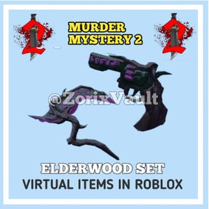 Pode incluir: Um conjunto virtual Elderwood para Murder Mystery 2 no Roblox, apresentando um revólver preto e roxo escuro e uma lâmina curva com detalhes em roxo brilhante. A imagem inclui o texto Murder Mystery 2, Elderwood Set e Virtual Items in Roblox.