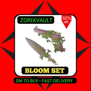 May include: A digital illustration of a Bloom Set featuring a pink and green pistol and a matching knife. The items are adorned with green vine-like details and small pink flowers. The text ZORIXVAULT and BLOOM SET are clearly visible on the white background.