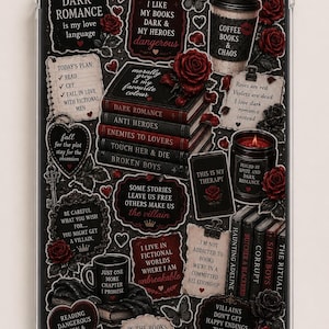 May include: A clear protective case for a Kindle e-reader featuring a dark aesthetic collage of red roses, stacks of books, coffee cups, and candles. The design includes various text quotes about dark romance, fictional characters, and reading habits.