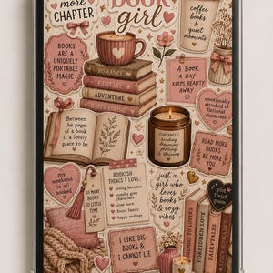 May include: A tablet case featuring a collage of book-themed illustrations in shades of pink and brown. Elements include stacks of books, coffee cups, candles, and text snippets like "book girl," "just one more chapter," and "I like big books & I cannot lie."