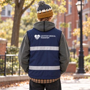 May include: A navy blue vest featuring two horizontal reflective silver stripes and the white text LIGHTFOOT MEDICAL TRANSPORT with a heart-shaped handshake logo on the back, worn over a grey hooded sweatshirt and a brown plaid shirt.