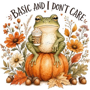 May include: A green frog sitting on a large orange pumpkin, holding a cup labeled PUMPKIN SPICE LATTE, surrounded by autumn flowers, leaves, and acorns. The text BASIC AND I DON'T CARE is arched above the frog in a dark brown script font.