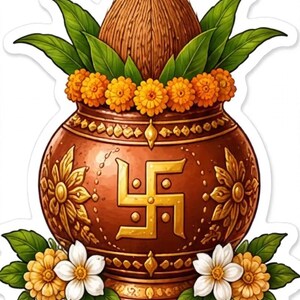 May include: A brown copper-toned pot featuring a gold swastika symbol on the front, adorned with green leaves, orange marigold flowers, and white blossoms. A brown coconut sits atop the pot, which is decorated with intricate gold floral patterns.