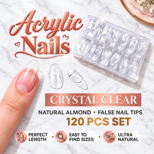 120 puntas de uñas acrílicas transparentes, 12 tamaños, uñas postizas de cobertura total, uñas cortas almendradas para manicura casera.
