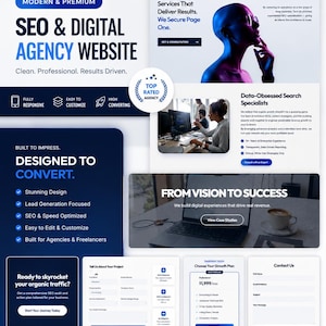 May include: A digital marketing agency website template featuring a blue and white colour scheme. The layout includes sections for SEO services, data-obsessed specialists, project inquiry forms, pricing plans, and a contact form with modern typography.