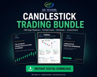 Bundel voor candlestick trading, inclusief een handleiding van 298 pagina's, 76 flashcards, een werkboek en spiekbriefjes.