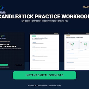 May include: A digital Candlestick Practice Workbook featuring 126 pages, printable and fillable formats, and a complete answer key. The workbook includes sections for RB Trades Review Workflow and exercises to distinguish similar trading patterns.