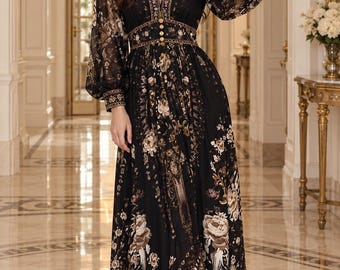 Franse vintage maxi-jurk met donkere bloemenprint | Elegante boho-jurk met V-hals en pofmouwen