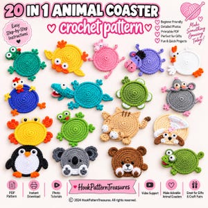 20-in-1 Animal Crochet Coaster Patterns, Mug Hugger Bundle, animals cup holder (PDF + VIDEO TUTORIAL)