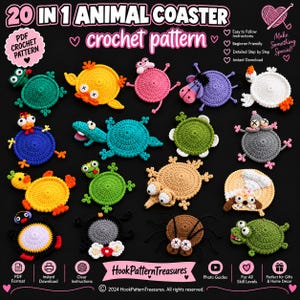 20-in-1 Animal Crochet Coaster Patterns, Mug Hugger Bundle, animals cup holder (PDF + VIDEO TUTORIAL)
