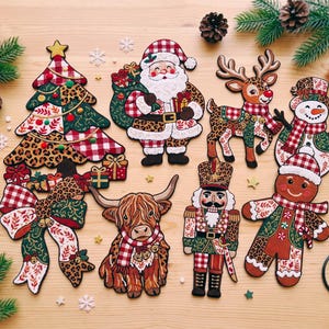 Christmas Patch PNG Bundle, Faux Embroidery Christmas Sublimation, Leopard Plaid Santa Highland Cow Clipart, Holiday DTF Design