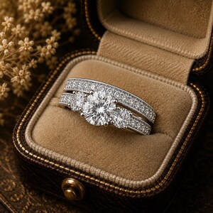 May include: A silver-coloured ring set featuring a central round-cut stone flanked by two smaller round stones, with a matching band encrusted with numerous tiny clear stones along the entire surface, presented in a brown velvet-lined jewellery box.