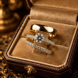Peut inclure: Un ensemble de trois bagues en or dans un écrin en velours. Une bague présente une pierre centrale ronde taille brillant avec un anneau pavé, une autre est un anneau en or poli lisse, et la troisième est un anneau fin incrusté de petits diamants.