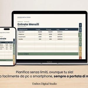 Può includere: Un computer portatile e uno smartphone mostrano un foglio di calcolo digitale per il monitoraggio delle entrate mensili intitolato Entrate Mensili di Enthos Digital Studio. L'interfaccia presenta colonne per fonte, previsto, ricevuto, data e note.