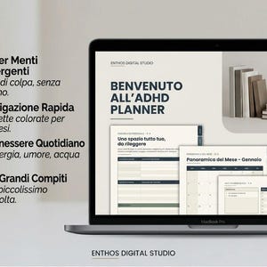 Può includere: Uno schermo di computer portatile che mostra un planner digitale ADHD di Enthos Digital Studio. L'interfaccia presenta una panoramica mensile, tracker del benessere quotidiano e schede di navigazione colorate. Testo: 'BENVENUTO ALL'ADHD PLANNER'.