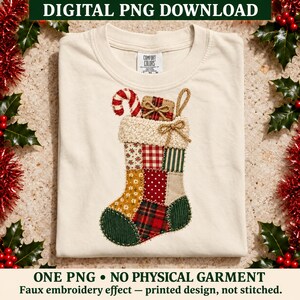 Meia de Natal em patchwork PNG, design de Natal em tecido falso, download digital transparente