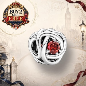 July True Red Eternity Circle Charm, Sterling Silver 925 Travel Pendant, Fits Women's Snake Chain Bracelet, DIY Jewellery, Christmas Present