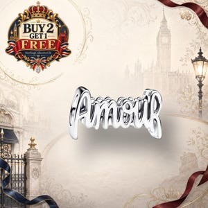 Amour Script armbandbedeltje in sterling zilver 925, reflecterende cursieve letters met open lussen die het Franse woord voor liefde vormen.